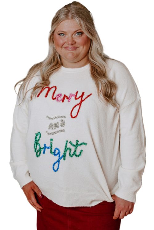 Women's Plus Size White Tinsel Merry AND Bright Christmas Sweater