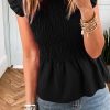 Women's Black Ruffle Short Sleeve Shirred Peplum Top - Elegant and Flattering Design - Image 5