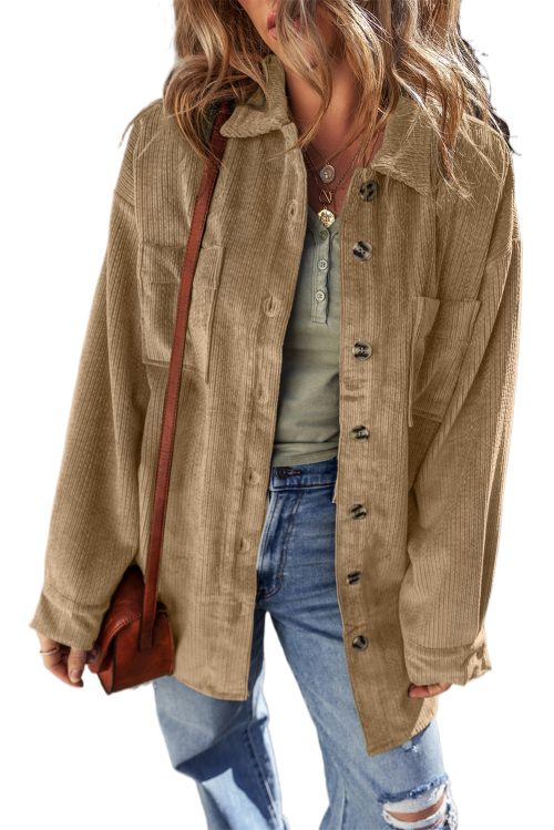 Women's Light French Beige Corduroy Patched Pocket Button Up Shacket