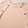 Women's Plus Size Beige Lace Patchwork Buttons Waffle Knit Top - Image 8