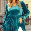 Women's Elegant Sea Green Velvet V Neck Peplum Hem Puff Sleeve Blouse - Image 7