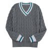 Women's Medium Grey Color Contrast Ribbed Edge Cable Knit V Neck Sweater - Image 9