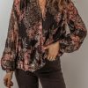 Women's Black Floral Print Criss Cross V Neck Balloon Sleeve Blouse - Image 3