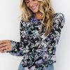 Women's Black Floral Print Mesh Fitted Long Sleeve Top - Elegant & Chic - Image 3