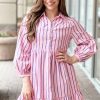 Women's Pink Stripe Ruffled Hem Button-up Collared Mini Dress - Image 5