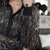 Women's Black Sequin Tassel Button Up Slim Fit Shirt - Image 15