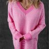 Women's Pink Striped Scallop V Neck Loose Sweater with Side Slits - Image 10