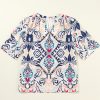 Women's White Abstract Printed Notched V-Neck Split Half Sleeve Blouse - Image 3