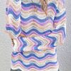 Women's Purple Stripe Wavy Pointelle Knit Drop Shoulder Sweater - Image 3