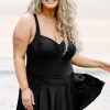 Women's Black Plus Size Solid Pleated Ruffled One Piece Swim Dress for Beach Days - Image 14