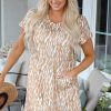 Women's Khaki Abstract Print V Neck Short Sleeve Shift T-Shirt Dress - Image 6