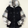 Women's Black Plaid Sleeve Hooded Denim Jacket - Stylish Fall Outerwear - Image 14