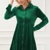 Elegant Green Long Sleeve Ruffle Velvet Button Up Mini Dress - Image 9