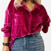 Plus Size Women's Bright Pink Velvet Chest Pocket Drop Shoulder Shirt - Image 6