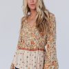 Women's Yellow Floral Bell Sleeve V Neck Wrapped Contrast Peplum Blouse - Image 7