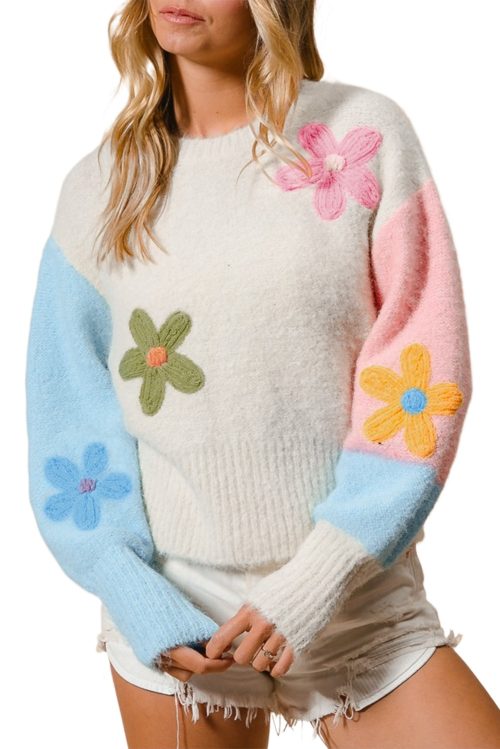 Women's Multicolor Floral Embroidered Colorblock Fuzzy Drop Shoulder Sweater