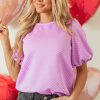 Women's Phalaenopsis Solid Textured O Neck Puff Sleeve Blouse - Casual Elegance for Every Occasion - Image 6