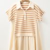 Women's Khaki Stripe Two-in-One Collared Cap Sleeve Mini Dress - Trendy Patchwork Design - Image 5