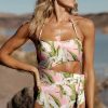 Women's Pink Tropical Asymmetric Cut-Out Halter Backless One Piece Swimwear - Image 2