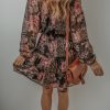 Women's Vintage Floral Puff Sleeve V Neck Smock Waist Dress - Image 2