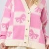 Women's Pink Bowknot Checkered Pattern V Neck Drop Shoulder Button Up Cardigan - Image 2