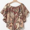 Women's Apricot Paisley Printed Off Shoulder Blouse with Ruffled Draped Sleeves - Image 15