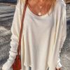 Women's Oversized White Waffle Knit Exposed Seam V Neck Top - Image 4