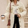 Women's Beige Contrast Flap Pocket Single Breasted Teddy Coat for Winter - Image 3