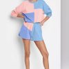 Women's Sky Blue Colorblock Patchwork Long Sleeve Shorts Outfit Set - Image 6