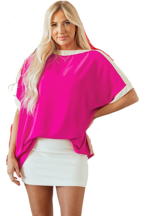 Women's Rose Red Oversized Color Block Boat Neck Tunic Blouse - Casual Summer Top