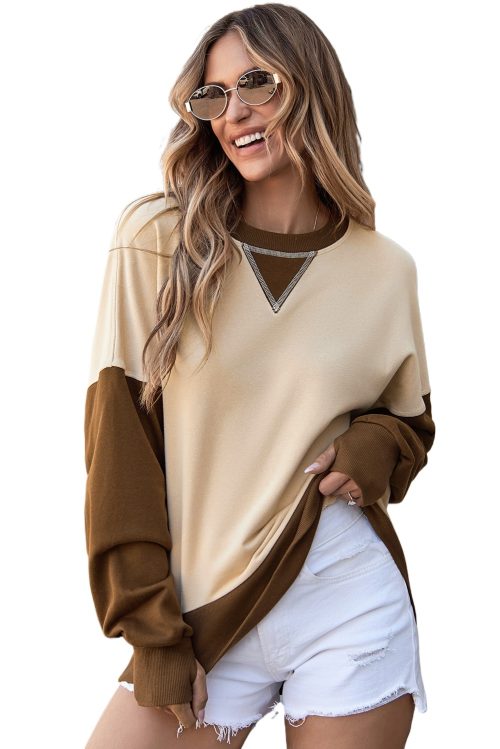 Women's Apricot Color Block Thumbhole Sleeve Drop Shoulder Sweatshirt