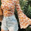 Chic Women's Orange Floral Printed Bell Sleeve Blouse with Mock Neck and Scallop Trim - Image 4