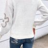 Women's White Contrast Flower Half Zipper Stand Neck Sweater - Image 3