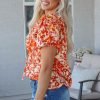 Women's Orange Floral Print Ruffled Short Puff Sleeve Split Neck Blouse - Image 3