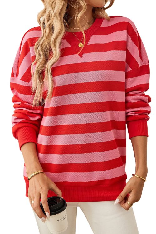 Women's Cozy Red Stripe Long Sleeve Round Neck Drop Shoulder Top