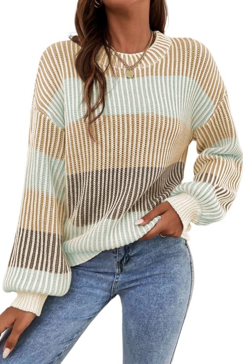 Women's Cozy Brown Colorblock Textured Knit Bubble Sleeve Sweater