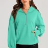 Women's Oversized Aruba Blue Hoodie with Kangaroo Pocket and Half Zipper - Image 5