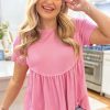 Women's Peach Blossom Ribbed Short Sleeve Babydoll Top - Casual Summer Style - Image 5