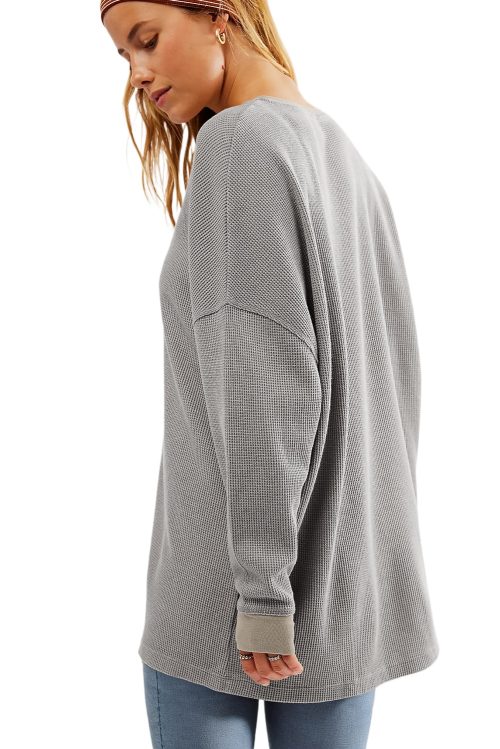 Women's Gray Waffle Knit Thermal Pullover Oversized Sweatshirt