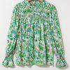 Women's Green Leafy Printed Flounce Sleeve Shirred Mock Neck Blouse - Elegant Floral Design - Image 8