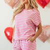 Women's Rose Stripe Crew Neck T-Shirt and Drawstring Shorts Set - Casual Summer Outfit - Image 5