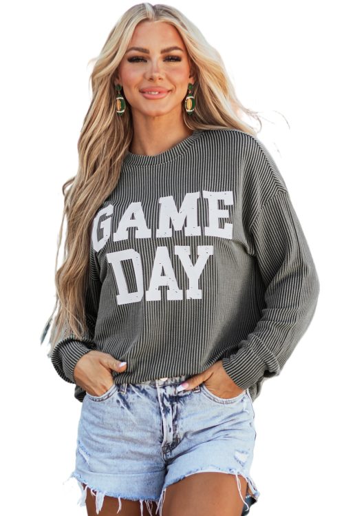 Women's Dark Grey Corded Game Day Graphic Long Sleeve Crewneck Top