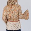 Women's Yellow Floral Bell Sleeve V Neck Wrapped Contrast Peplum Blouse - Image 3