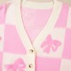 Women's Pink Bowknot Checkered Pattern V Neck Drop Shoulder Button Up Cardigan - Image 14