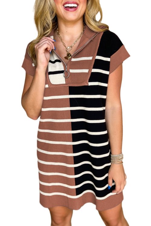 Women's Black Stripe Color Block Quarter Zip Collar Short Sleeve Sweater Dress