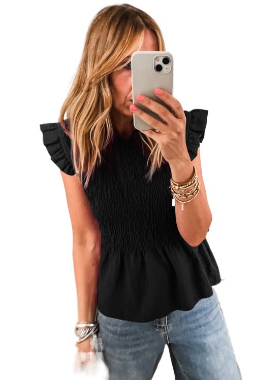 Women's Black Ruffle Short Sleeve Shirred Peplum Top - Elegant and Flattering Design