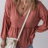 Women's Mineral Red Textured Frilled Trim V Neck Puff Sleeve Blouse - Chic and Casual - Image 4