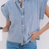 Women's Dusk Blue Denim Pinup Folded Cap Sleeve Shirt - Stylish Cropped Blouse - Image 8