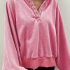 Women's Oversized Pink Solid Snap Buttons Collared Balloon Sleeve Sweatshirt - Image 2