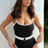 Women's Black Contrast Trim Two Tone Belted One Piece Swimsuit - Elegant Color Block Design - Image 3